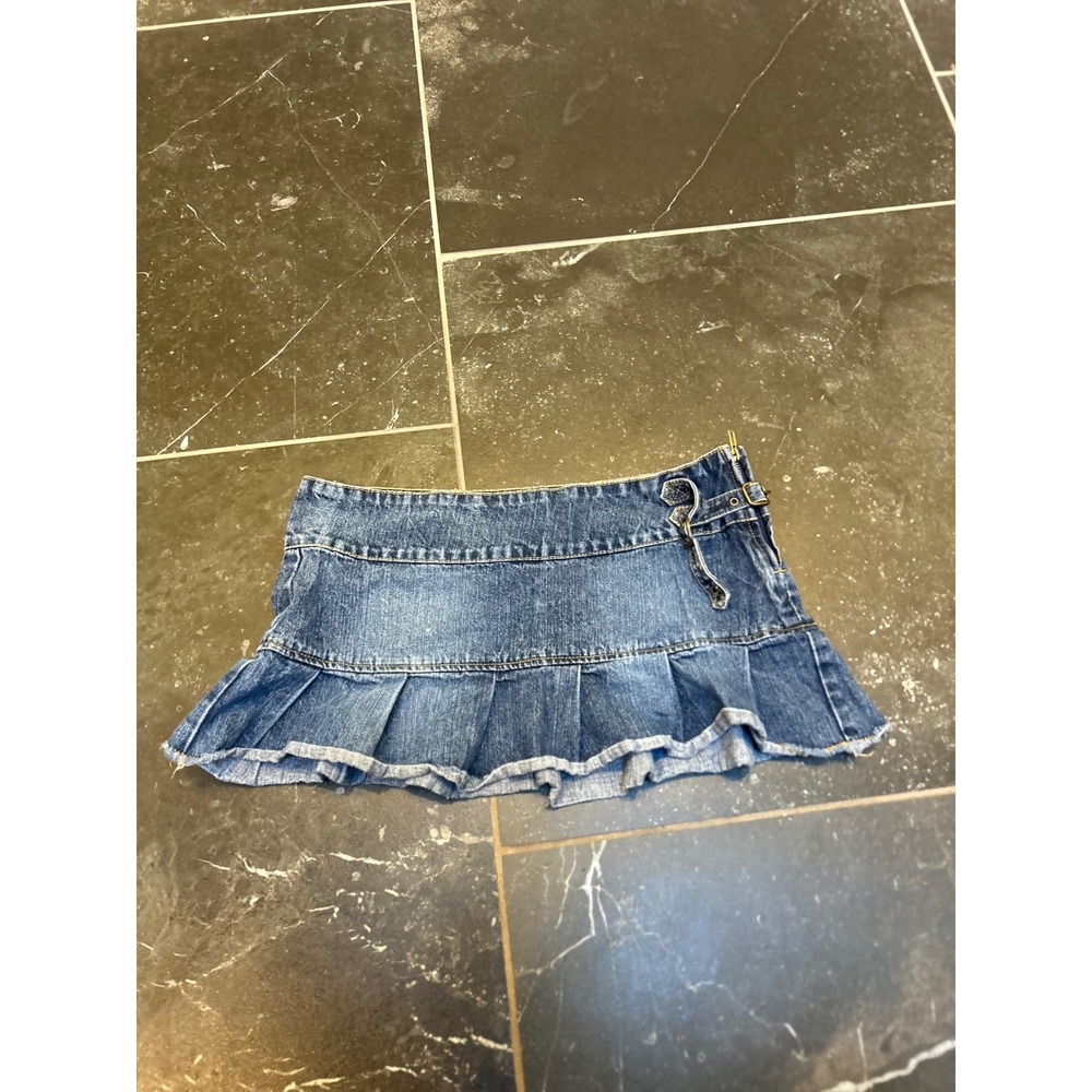 Let Me B. Y2K Denim Mini Skirt Pleated Ruffle Raw Hem Blue Medium Wash Size 9